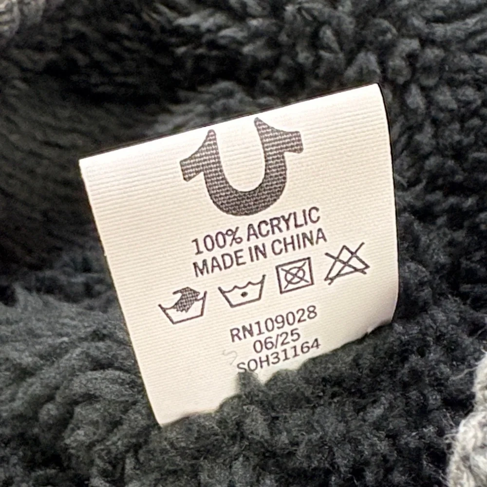 True Religion Sherpa Lined Knit Beanie Hat | Gray Cream Brown | Winter Cap